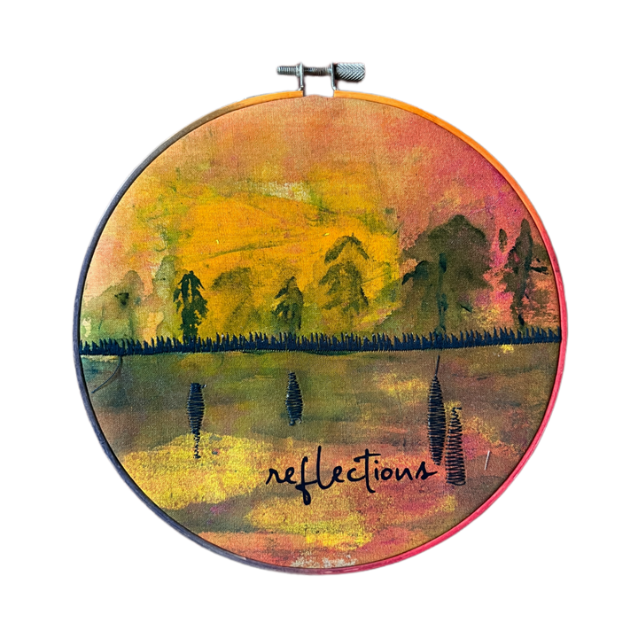 reflections on a mountain lake - painted mixed media hoop art