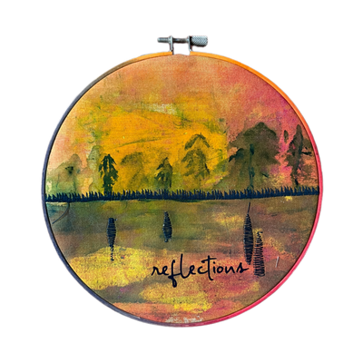 reflections on a mountain lake - painted mixed media hoop art