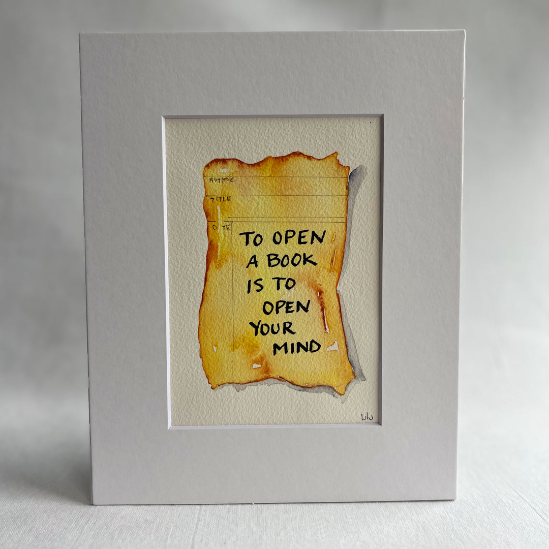 Library Card Watercolor Original Art - Open a book, open your mind