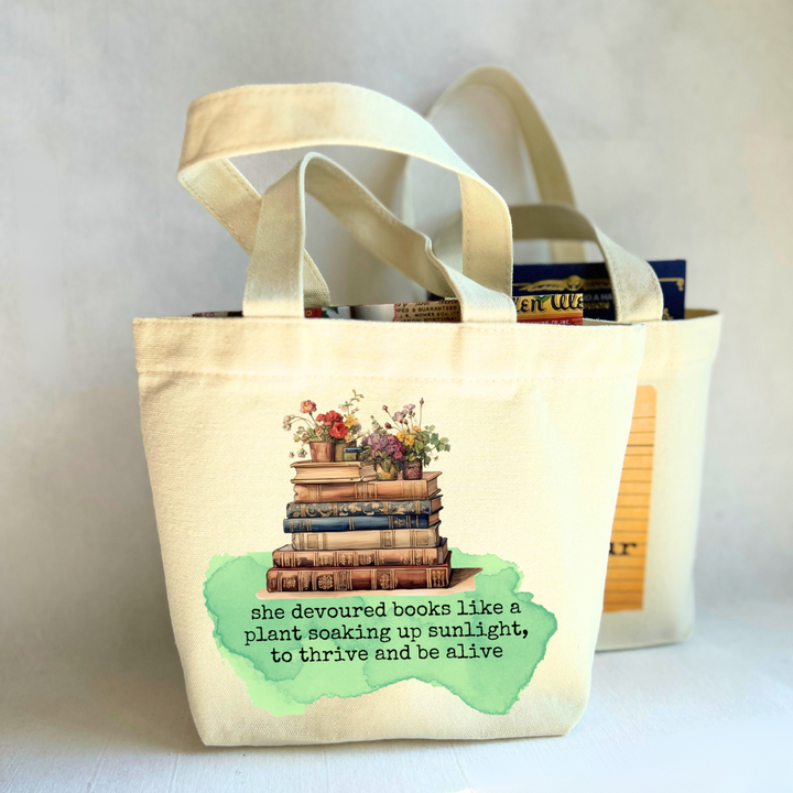 Canvas Mini Tote Bag - Soaking Up Books like Plants in Sunlight