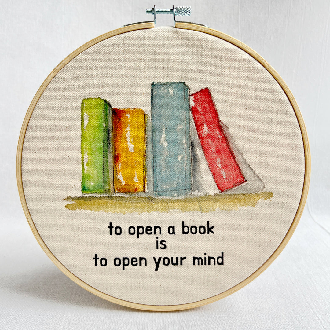 To open a book is to open your mind - original library stack hoop art