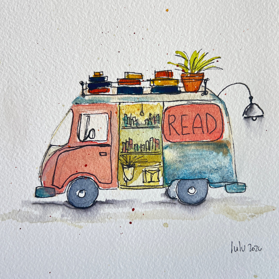 A watercolor painting of a retro-style book van with the word 'READ' on the side, decorated with stacked books, a potted plant, and a hanging lamp, set against a textured white paper background.