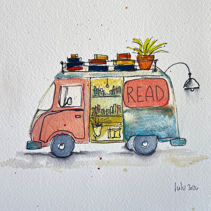 A watercolor painting of a retro-style book van with the word 'READ' on the side, decorated with stacked books, a potted plant, and a hanging lamp, set against a textured white paper background.