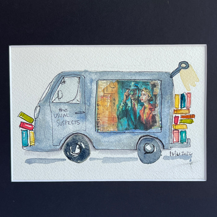 A matted watercolor painting of a grey-blue book truck named "The Usual Suspects" with books and a colorful window illustration, of a couple gazing mysteriously into the distance.