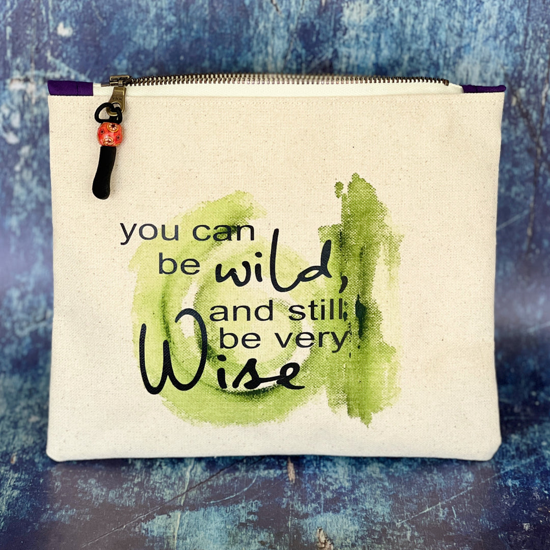 mini canvas painted zip bag pouch - you can be wild and still be very wise