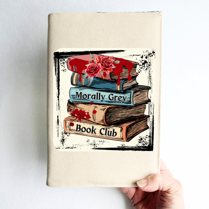 canvas reusable book cover with an original design of a book stack with blood splatters and black marks, plus the words, Morally Grey Book Club along the spines of the book stack.