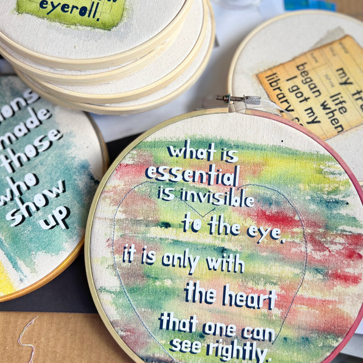 Decisions are made by those who show up - painted mixed media hoop art