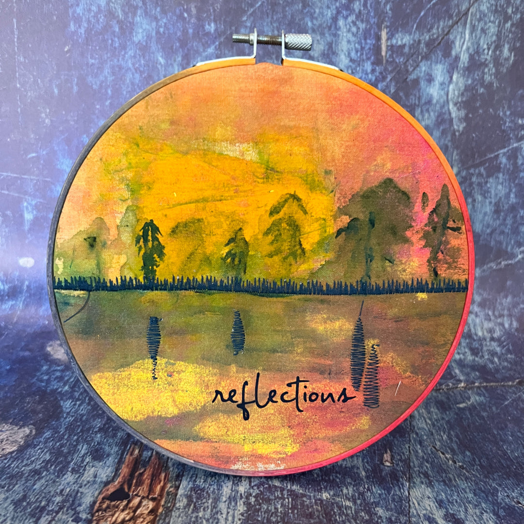 reflections on a mountain lake - painted mixed media hoop art