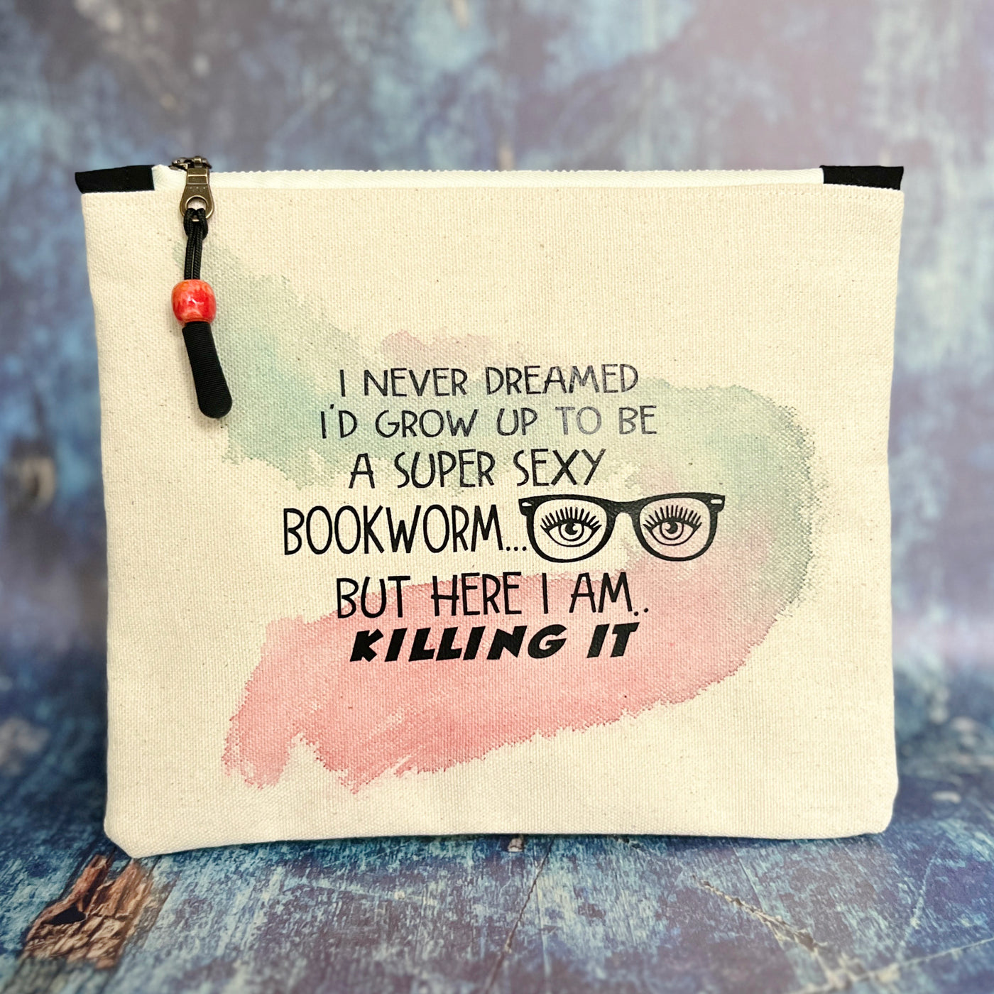 mini canvas zip bag - super sexy bookworm