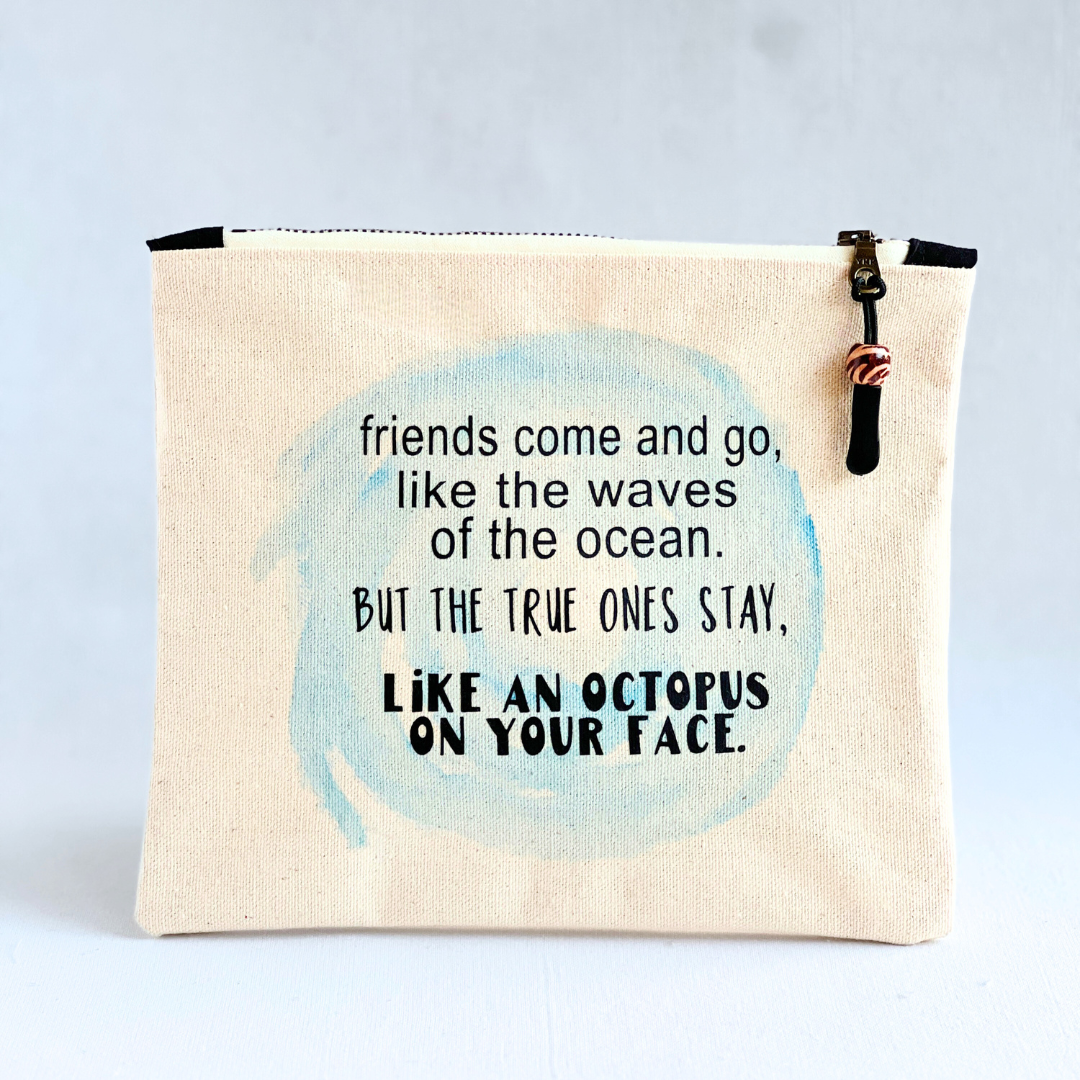 canvas painted zip bag small - friends come and go like waves