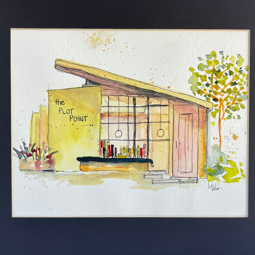 A watercolor painting of a yellow midcentury modern bookstore with the text 'the PLOT POINT' on the yellow wall, shown on a white paper sheet against a dark navy background.