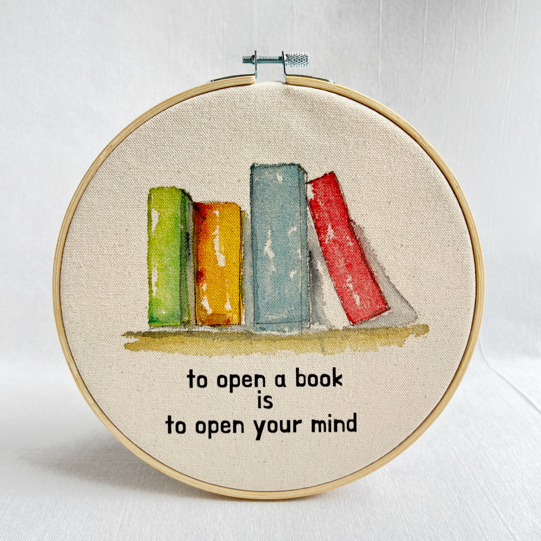 To open a book is to open your mind - original library stack hoop art