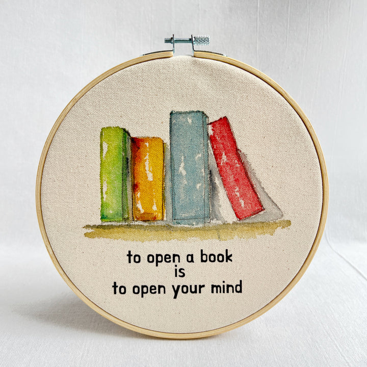 To open a book is to open your mind - original library stack hoop art