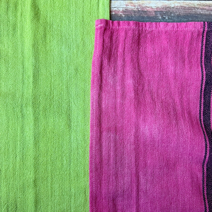 hand-dyed kitchen towels with herringbone flat weave pattern, in colors of yellow gold, lime green, blueberry, gumdrop pink, aqua velvet green and pool side teal. use as napkins, towels or placemats.