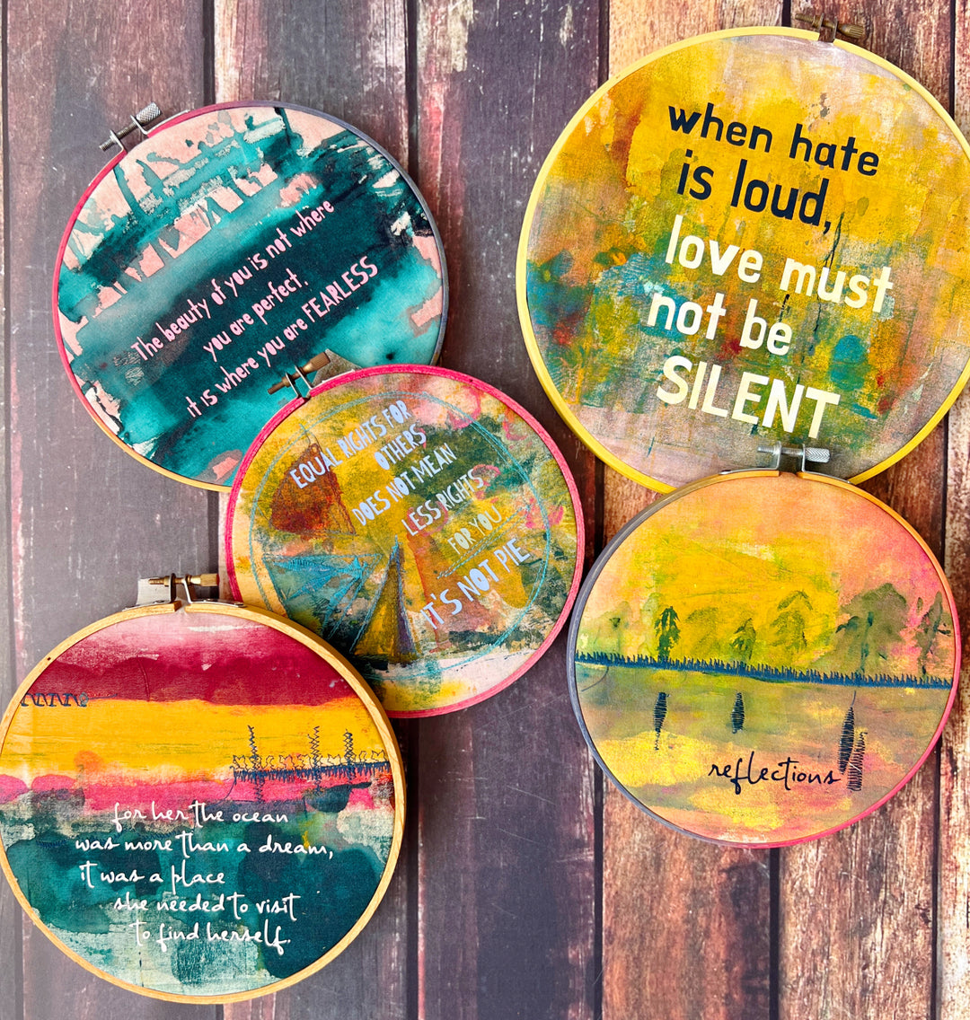 reflections on a mountain lake - painted mixed media hoop art