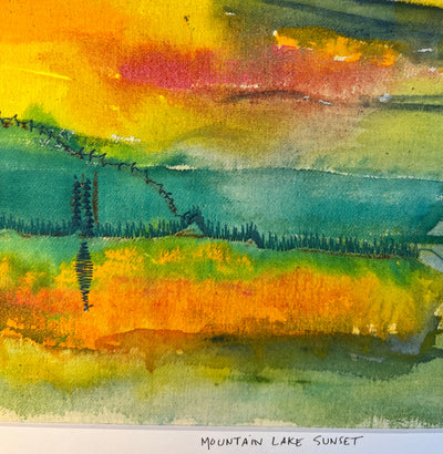 mountain lake sunset - painted mixed media art print