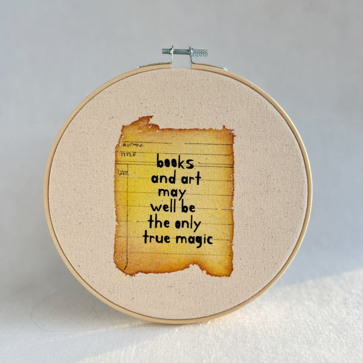 books and art may well be magic - library card original hoop art