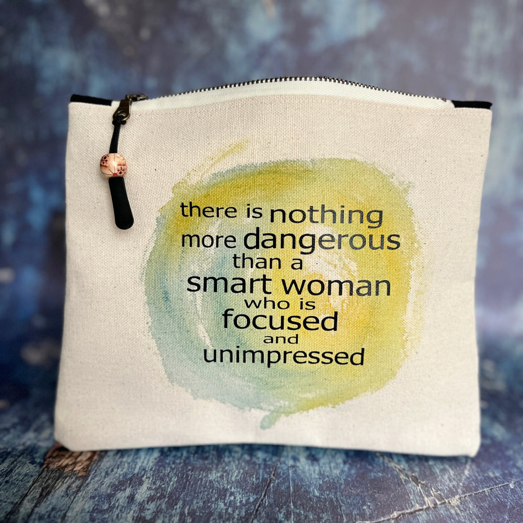 Canvas zip bag painted LARGE - a smart woman is focused and unimpressed