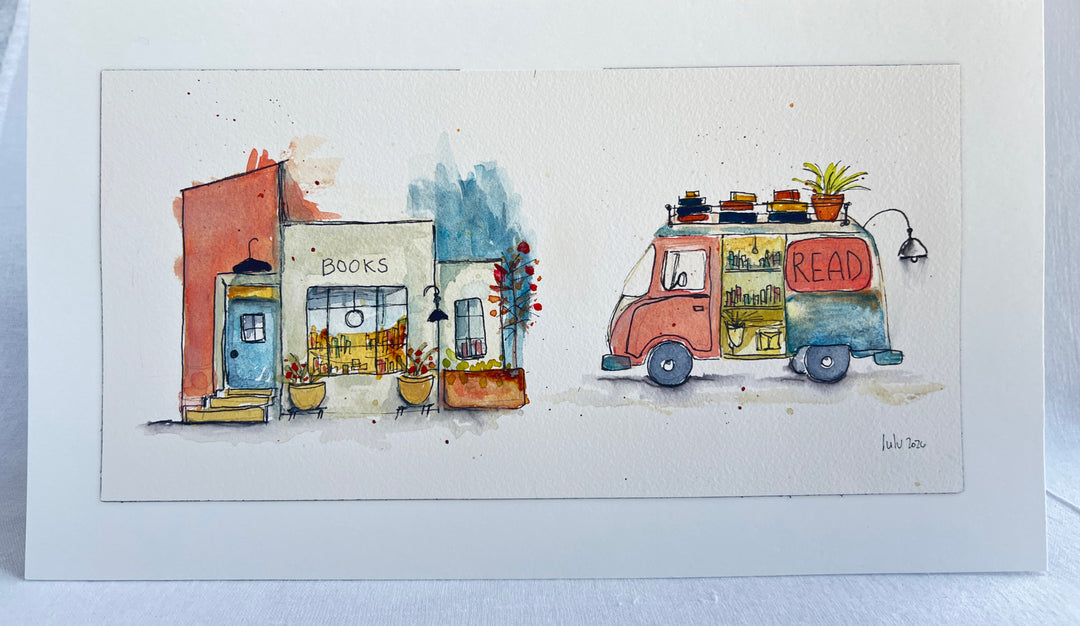 A watercolor art print depicting a cozy bookstore next to a retro van with the word 'READ' on its side, shown as a matted print on a light background.