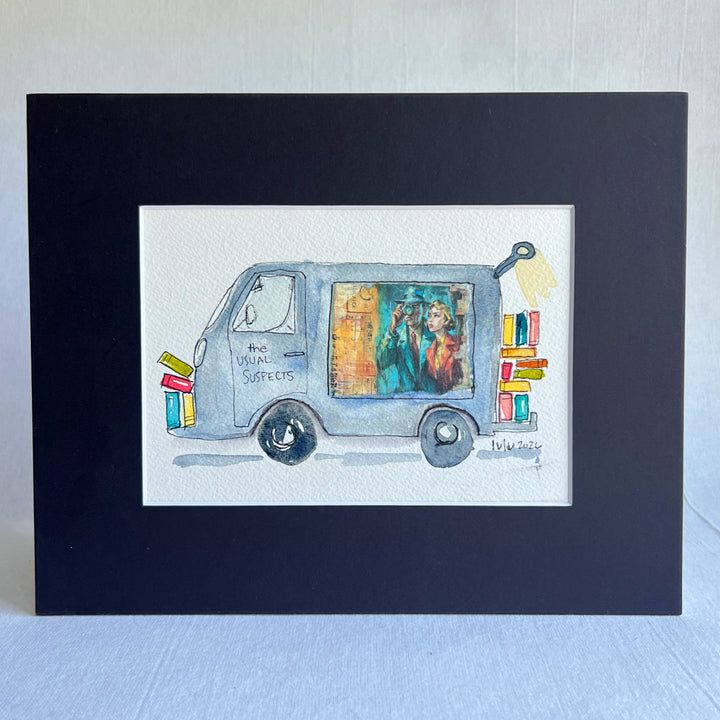 A matted watercolor painting of a grey-blue book truck named "The Usual Suspects" with books and a colorful window illustration, of a couple gazing mysteriously into the distance.
