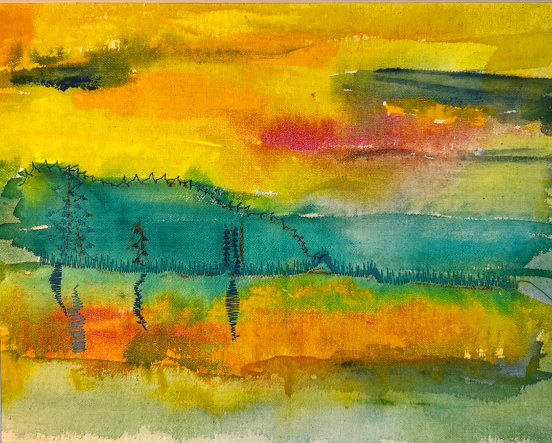 mountain lake sunset - painted mixed media art print