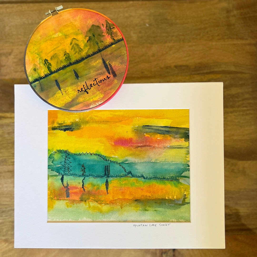 reflections on a mountain lake - painted mixed media hoop art