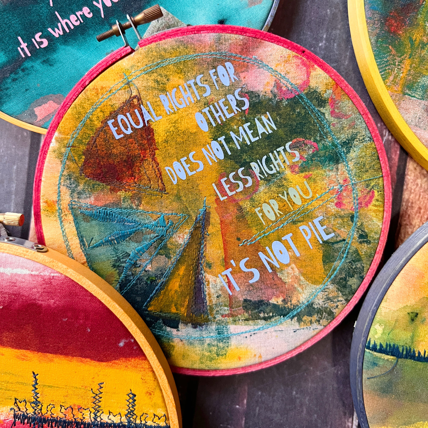 equal rights are not pie - painted mixed media hoop art