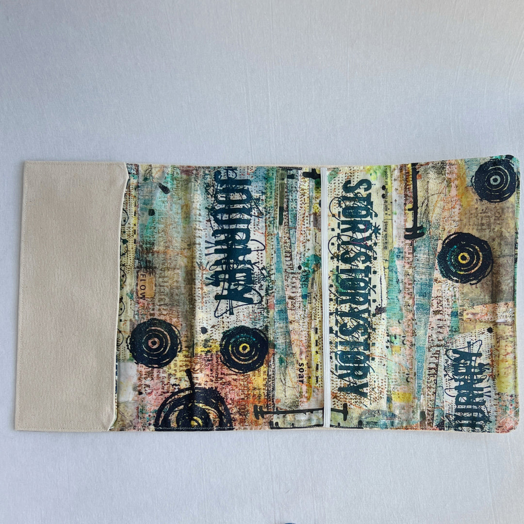 the inside lining of a reusable book cover, with duck canvas on the outside, and a colorful fabric on the inside. 