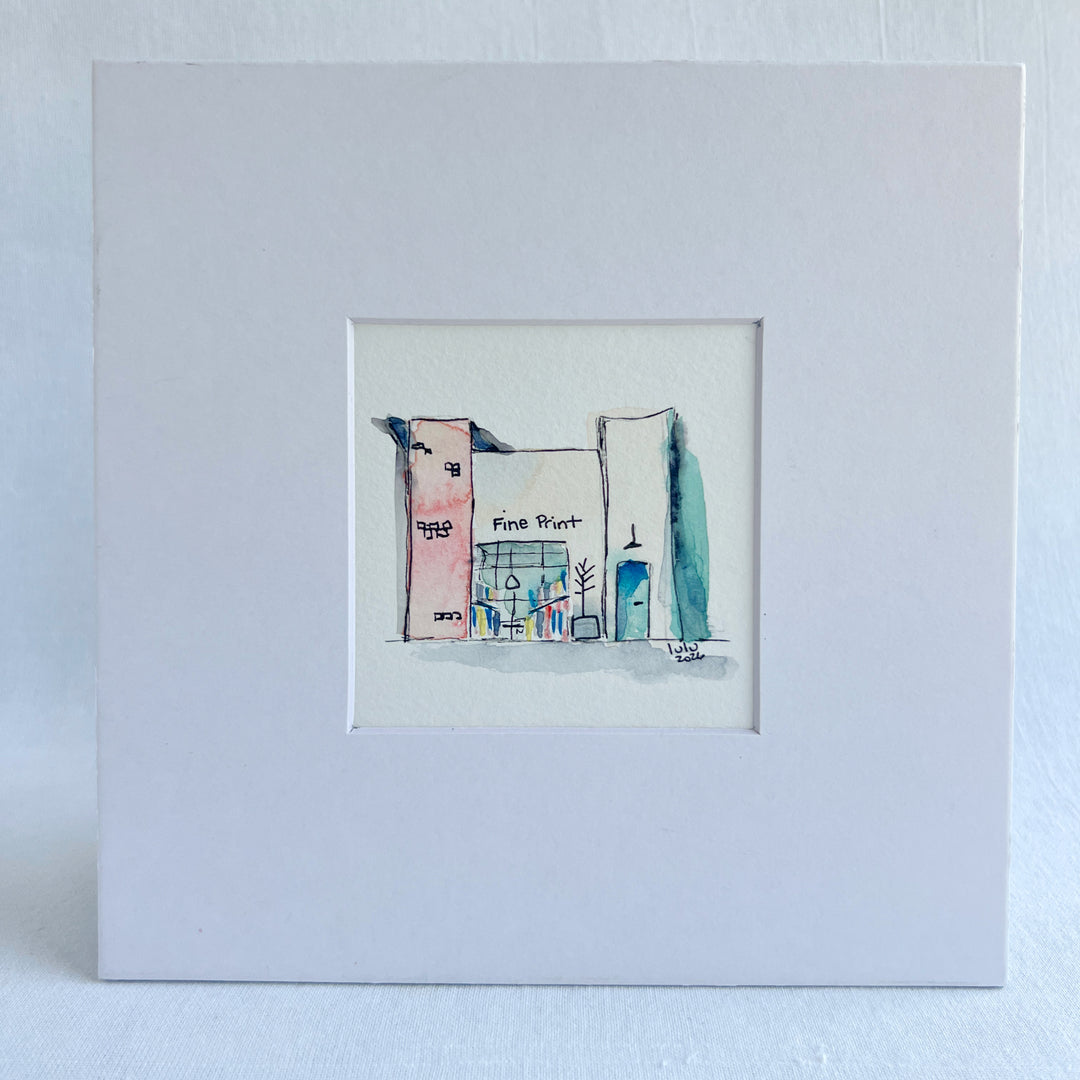 A square white art print or matted sketch featuring a minimalist watercolor illustration of a storefront with the words 'Fina Street' and 'Cielo' written in small black and blue details.