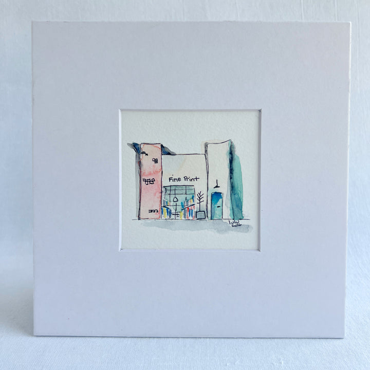 A square white art print or matted sketch featuring a minimalist watercolor illustration of a storefront with the words 'Fina Street' and 'Cielo' written in small black and blue details.