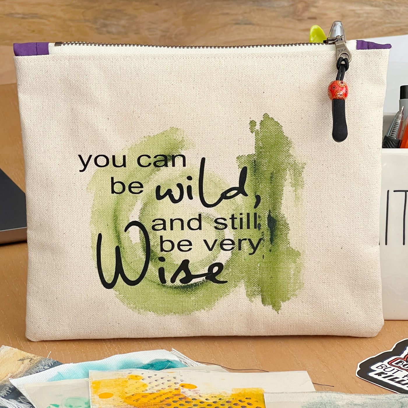 mini canvas painted zip bag pouch - you can be wild and still be very wise