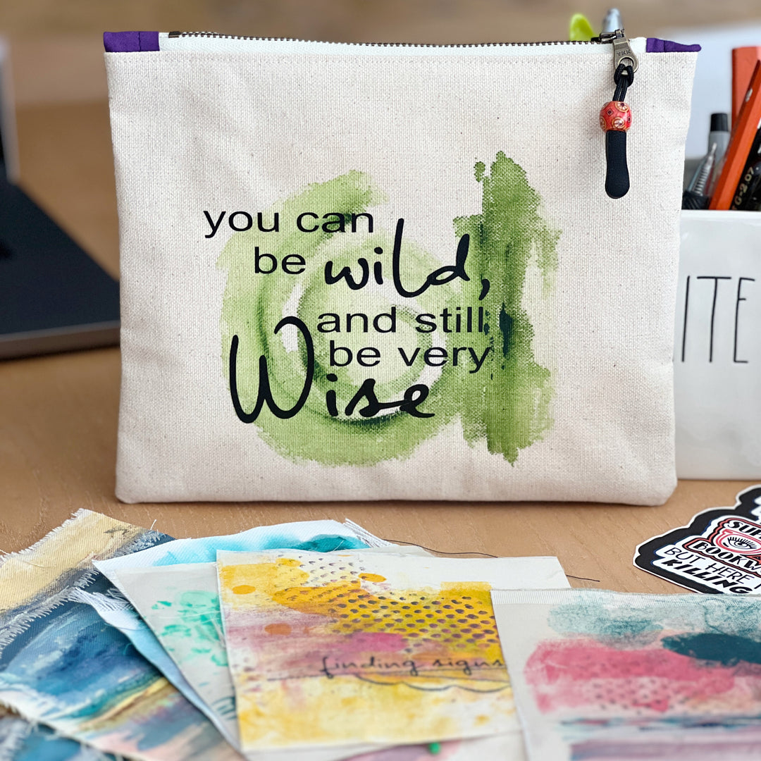 mini canvas painted zip bag pouch - you can be wild and still be very wise