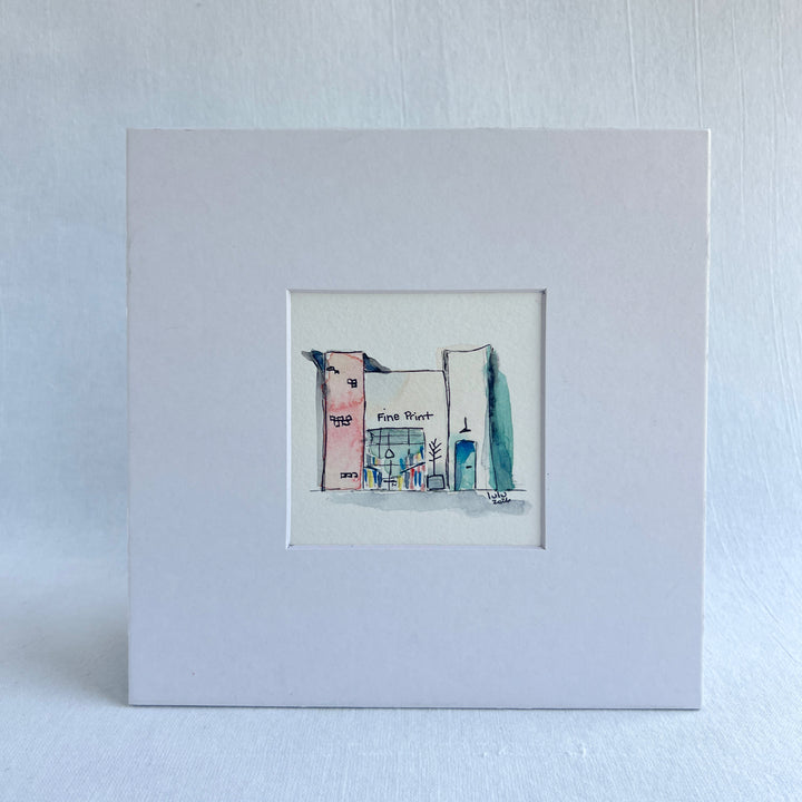 A square white art print or greeting card featuring a minimalist watercolor sketch of a storefront with the words 'First Street' and '1969', centered on a light gray textured background.