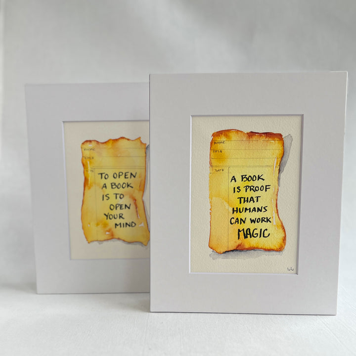 Library Card Watercolor Original Art - Books are proof that Humans Work Magic