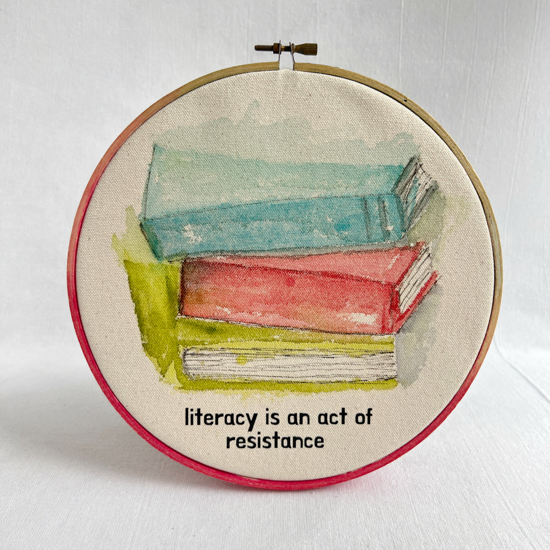 Literacy is an act of Resistance - original library stack hoop art