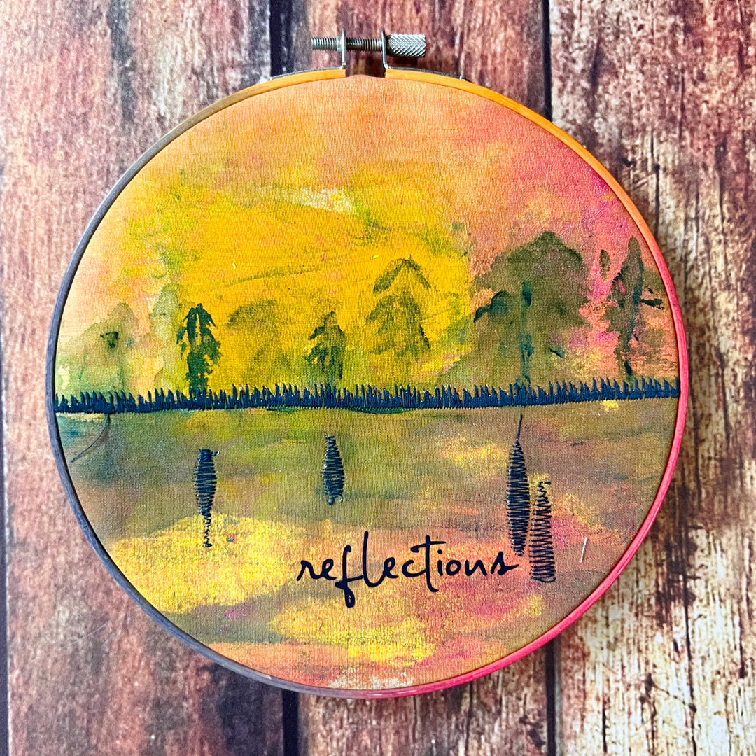 reflections on a mountain lake - painted mixed media hoop art