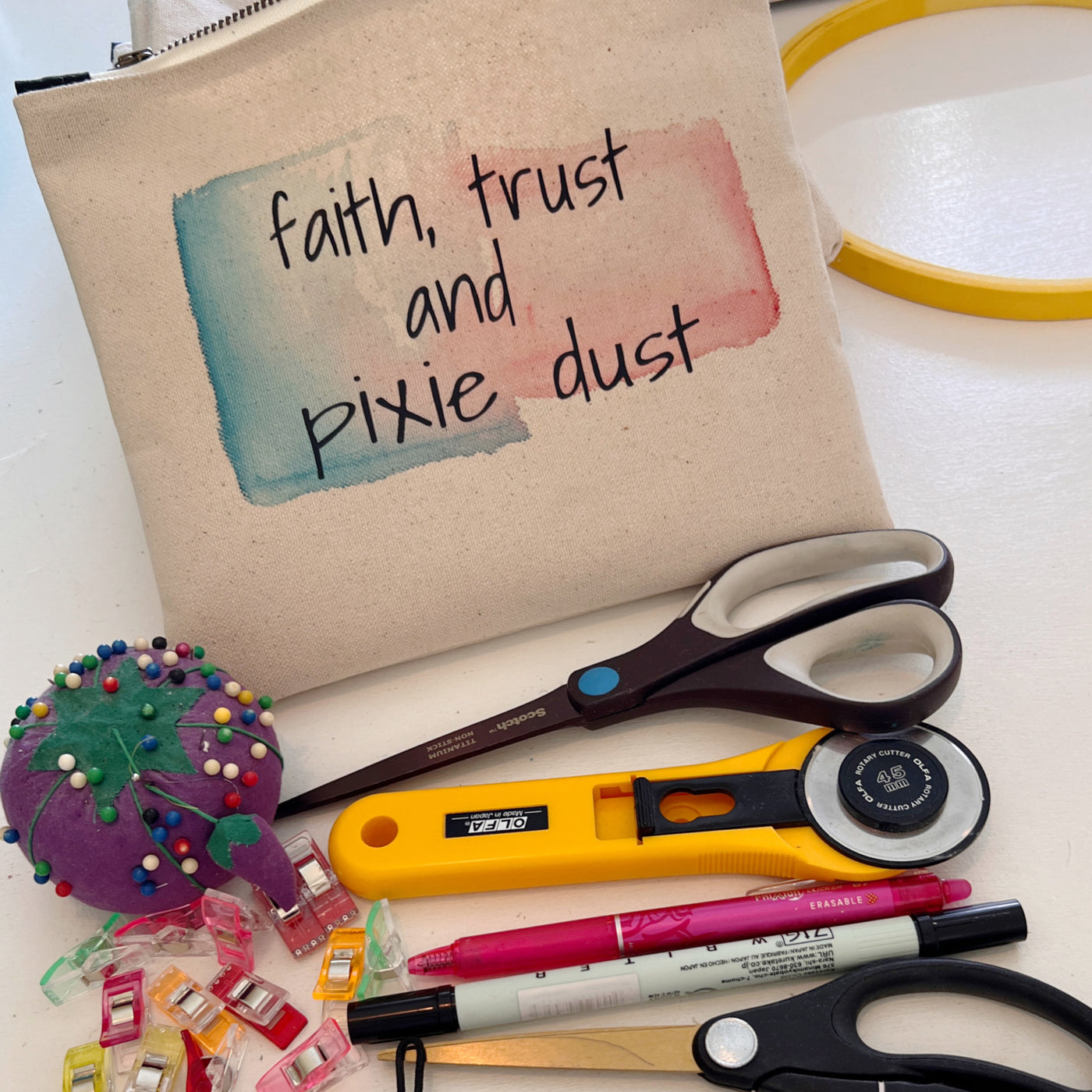 mini canvas painted zip bag pouch - faith, trust and pixie dust