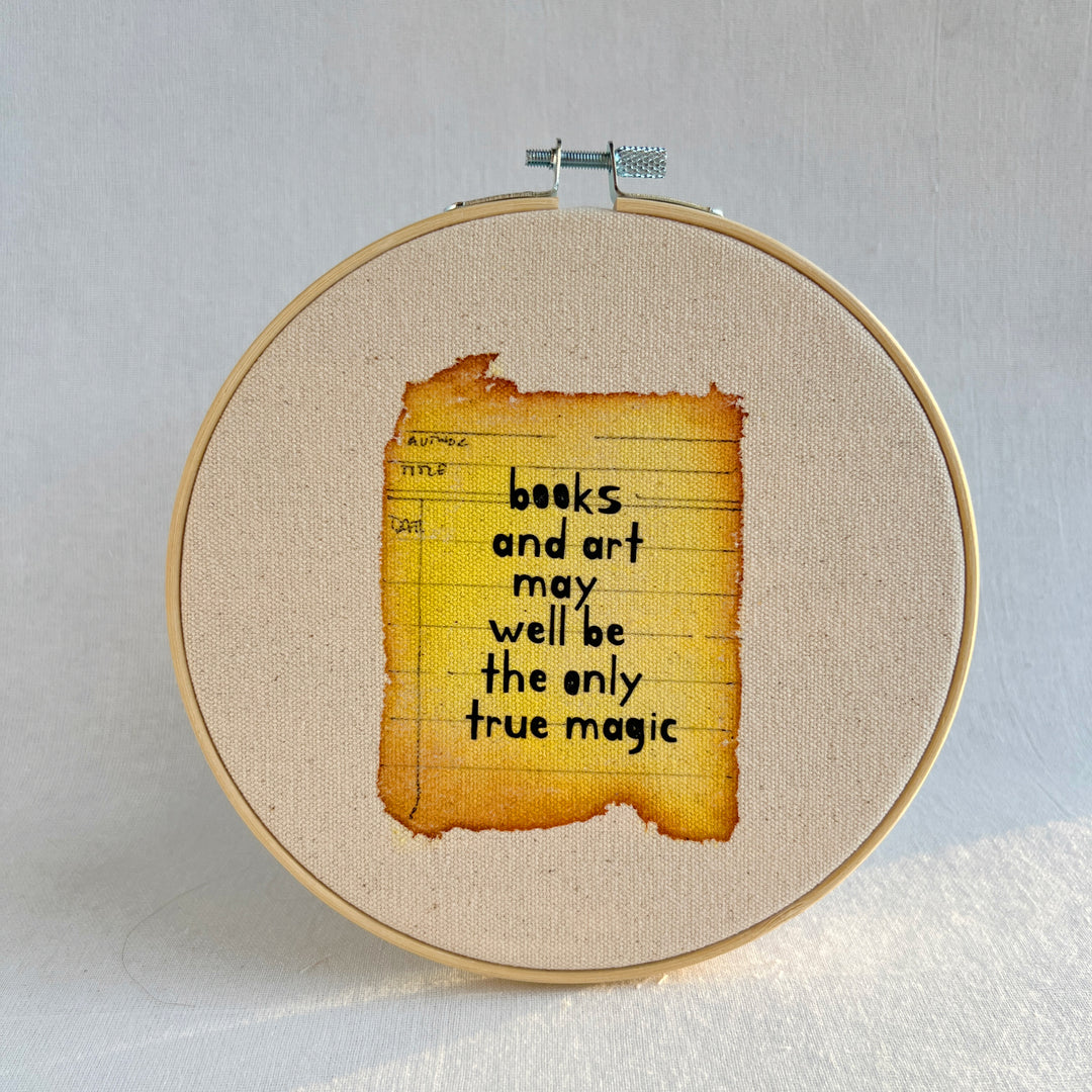 books and art may well be magic - library card original hoop art