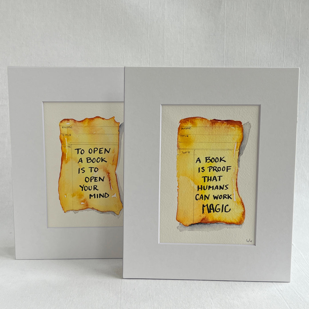 Library Card Watercolor Original Art - Books are proof that Humans Work Magic