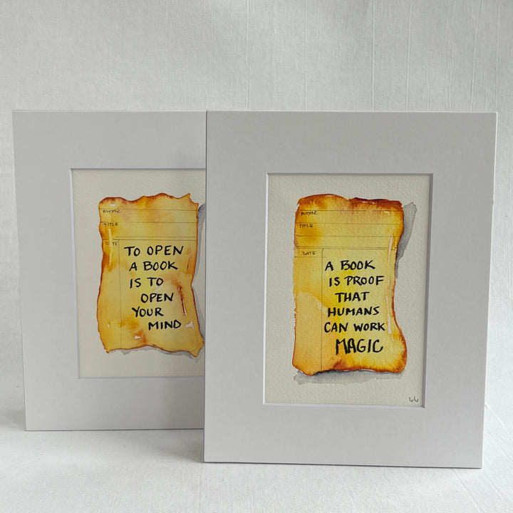 Library Card Watercolor Original Art - Books are proof that Humans Work Magic