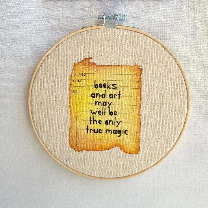 books and art may well be magic - library card original hoop art
