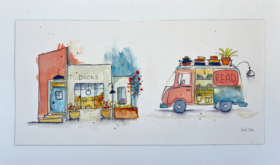 A watercolor art print depicting a cozy bookshop with a blue door and potted plants, alongside a retro van labeled 'READ' with books and plants on its roof, set against a white background.