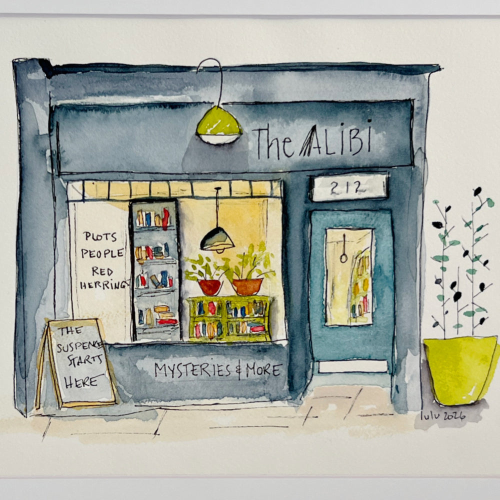 A watercolor-style illustration of a storefront named The Alibi, with the text 'Mysteries & More' at the bottom and a yellow planter with tall green stems on the right. The shop facade is blue-gray, the window display is warm yellow, and there are small red and orange plant pots inside.