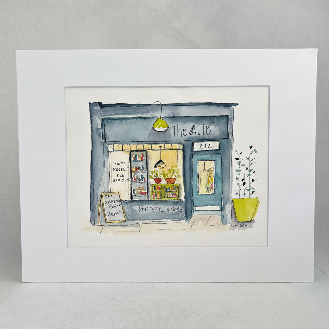 A watercolor-style illustration of a storefront named The Alibi, with the text 'Mysteries & More' at the bottom and a yellow planter with tall green stems on the right. The shop facade is blue-gray, the window display is warm yellow, and there are small red and orange plant pots inside.
