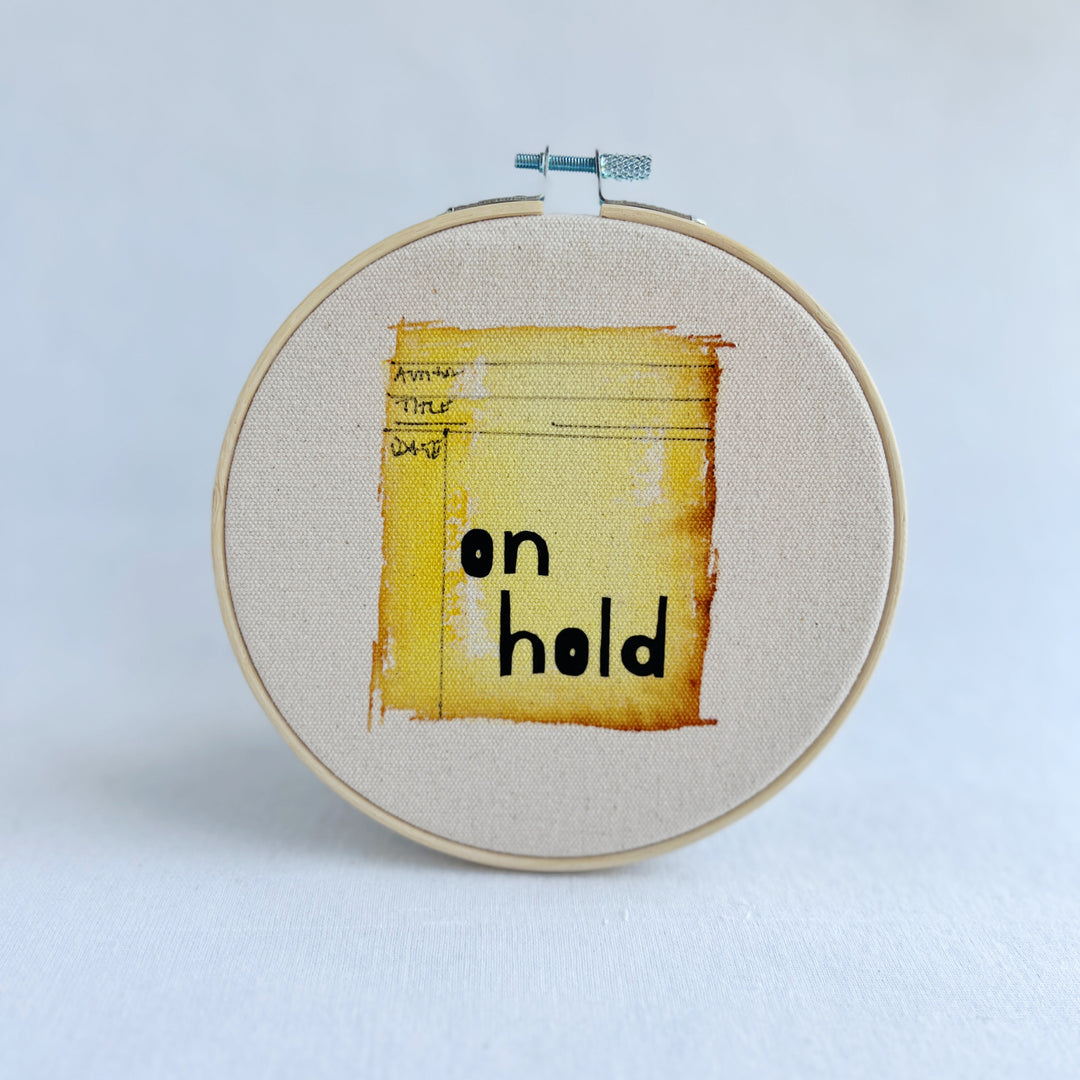 on hold - library card original hoop art