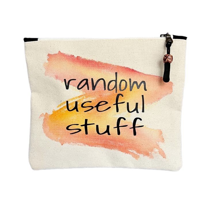 square canvas zipper pull bag with the words, random useful stuff