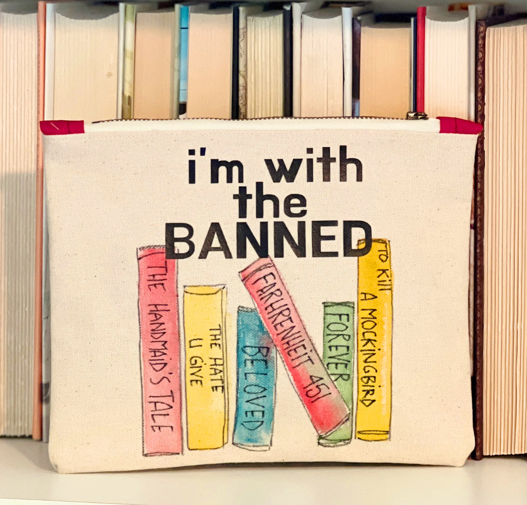 square canvas bag with painted books and the words, I'm with the Banned