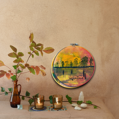 reflections on a mountain lake - painted mixed media hoop art