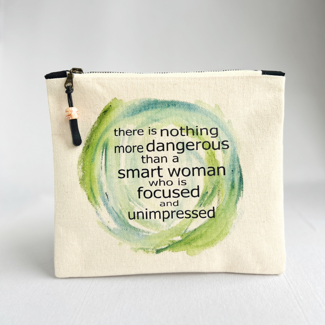 Canvas zip bag painted LARGE - a smart woman is focused and unimpressed