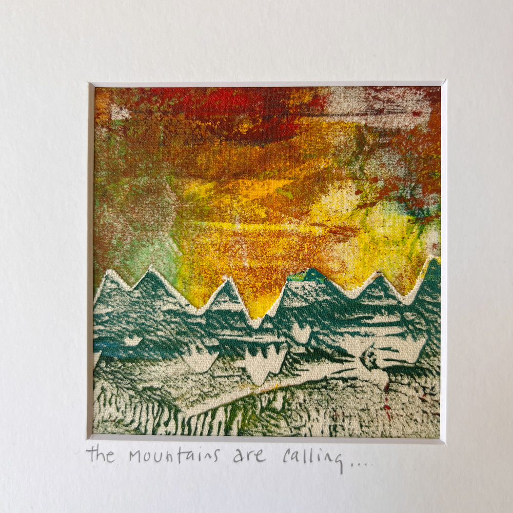the mountains are calling in this original pretty clever fabric art print with yellows, greens and reds